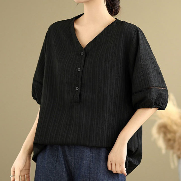 Camisa informal de poliéster de manga corta con cuello en V y botones para mujer con Buddha Stones - image 16