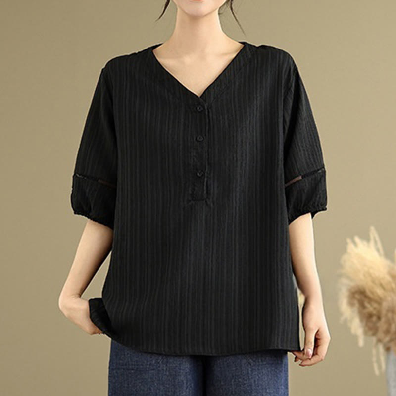Camisa informal de poliéster de manga corta con cuello en V y botones para mujer con Buddha Stones - Negro - US8-10，UK/AU12-14，EU40-42 (2XL) - image 11