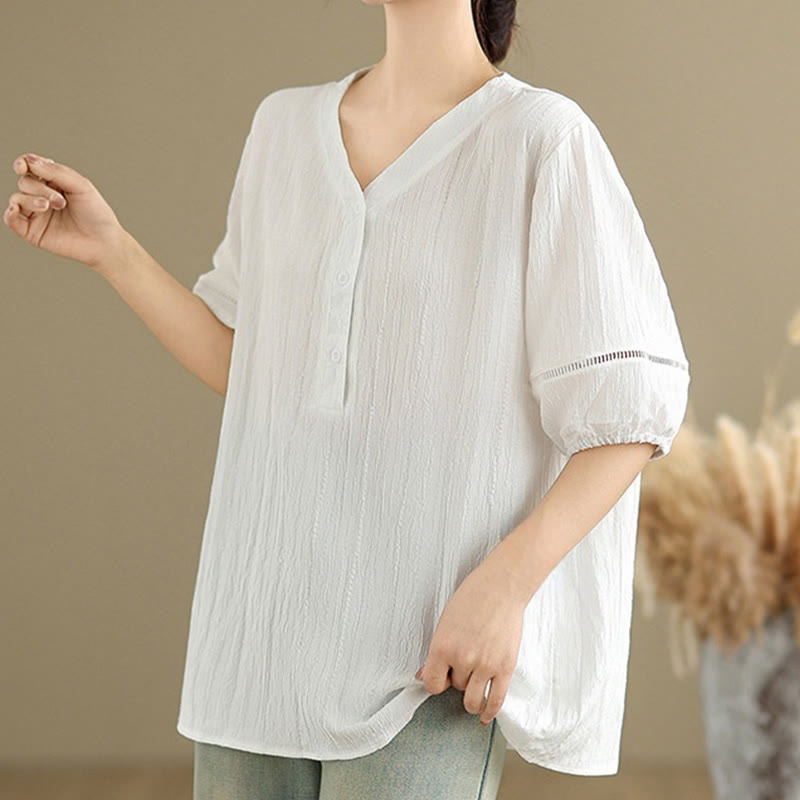 Camisa informal de poliéster de manga corta con cuello en V y botones para mujer con Buddha Stones - image 19