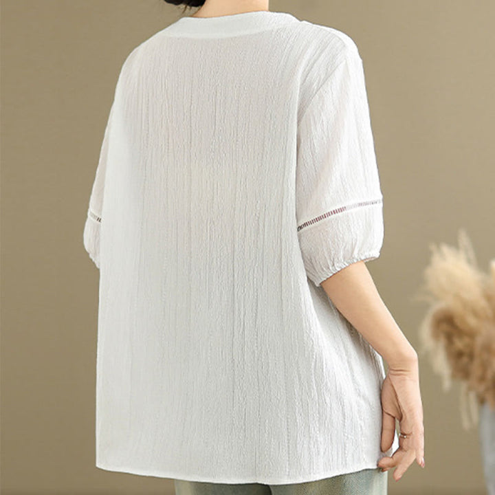 Camisa informal de poliéster de manga corta con cuello en V y botones para mujer con Buddha Stones - image 21