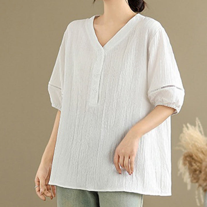 Camisa informal de poliéster de manga corta con cuello en V y botones para mujer con Buddha Stones - image 20