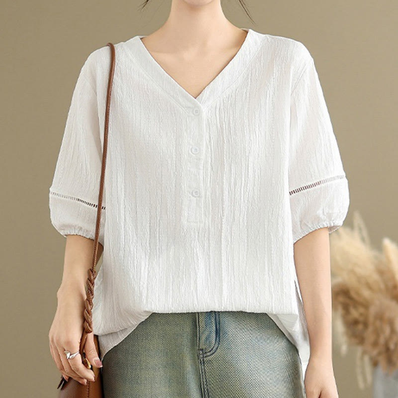 Camisa informal de poliéster de manga corta con cuello en V y botones para mujer con Buddha Stones - image 22