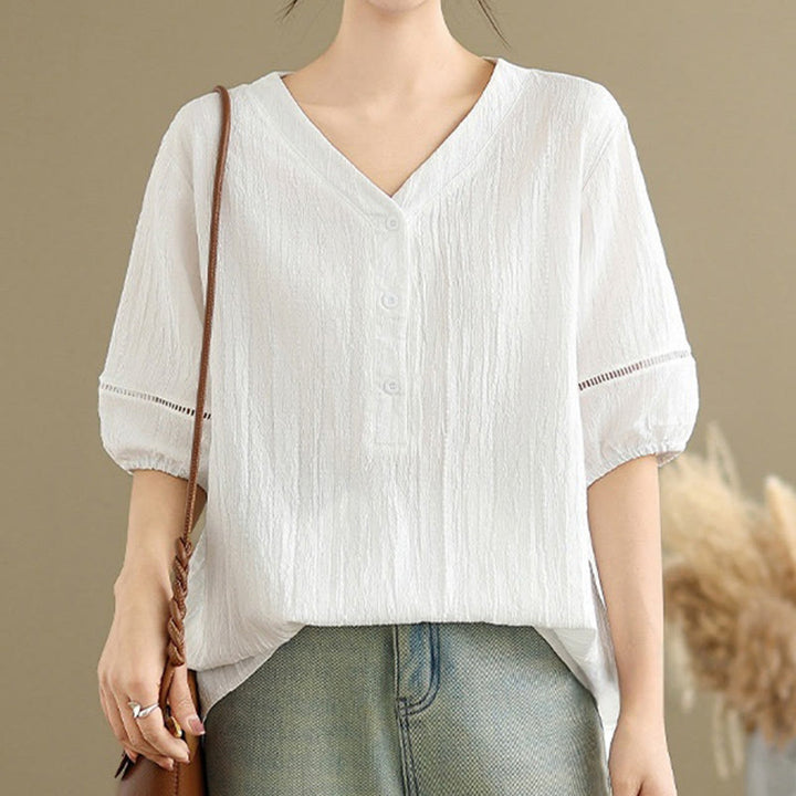 Camisa informal de poliéster de manga corta con cuello en V y botones para mujer con Buddha Stones - image 22