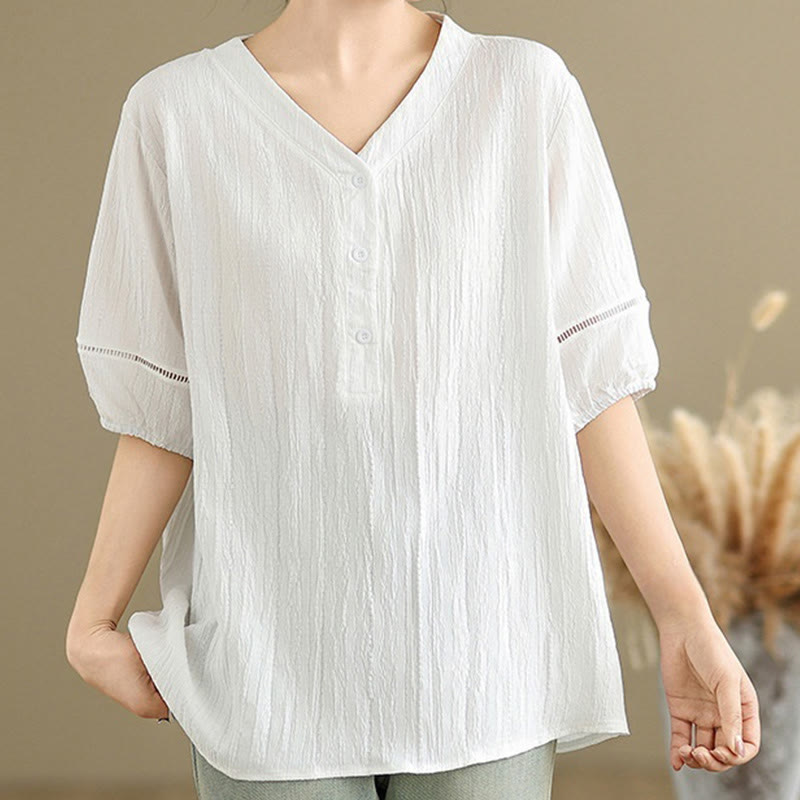 Camisa informal de poliéster de manga corta con cuello en V y botones para mujer con Buddha Stones - Blanco - US8-10，UK/AU12-14，EU40-42 (2XL) - image 17