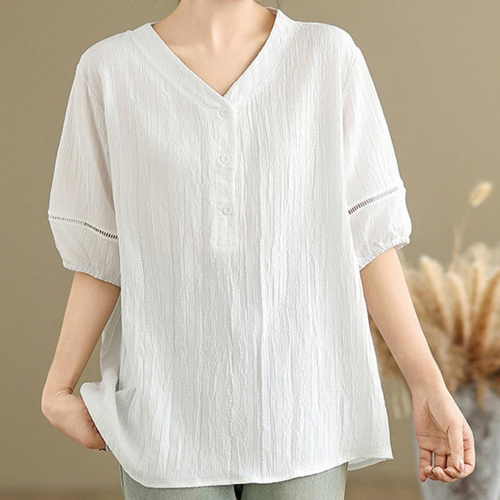 Camisa informal de poliéster de manga corta con cuello en V y botones para mujer con Buddha Stones - Blanco - US8-10，UK/AU12-14，EU40-42 (2XL) - image 18