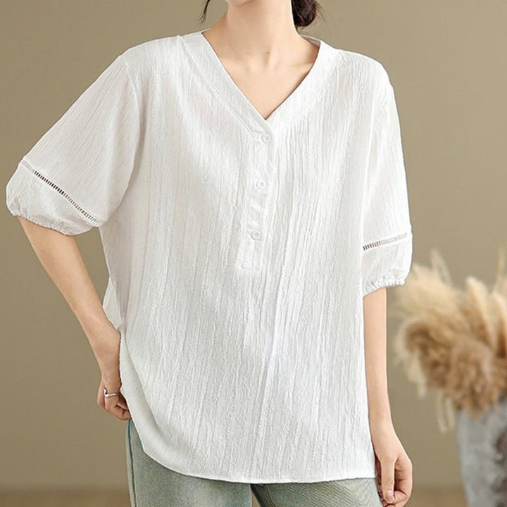 Camisa informal de poliéster de manga corta con cuello en V y botones para mujer con Buddha Stones - image 23