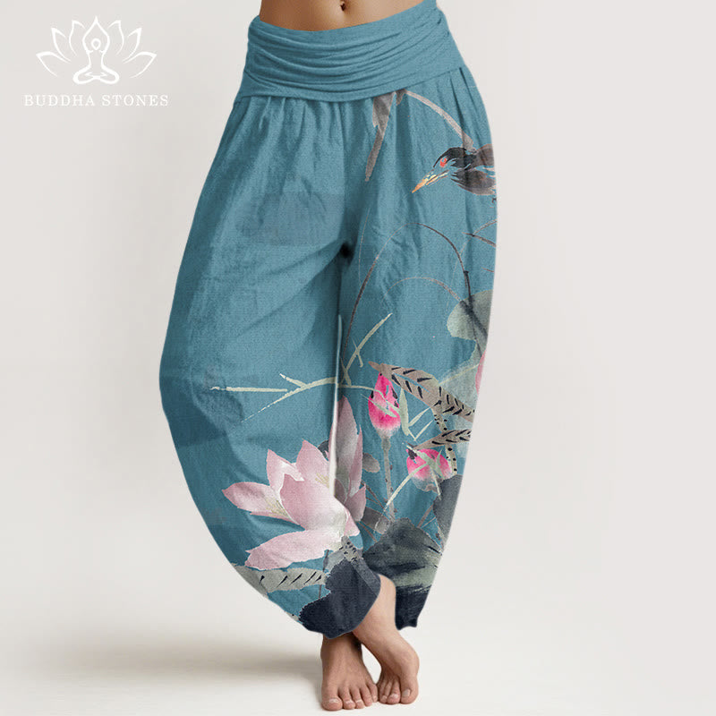 Pantalones harén con cintura elástica para mujer con diseño de pájaros , Buddha Stones - Turquesa oscuro - US22，UK/AU26，EU54 (6XL) - image 5