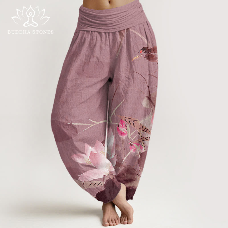 Pantalones harén con cintura elástica para mujer con diseño de pájaros , Buddha Stones - Rojo violeta pálido - US22，UK/AU26，EU54 (6XL) - image 7
