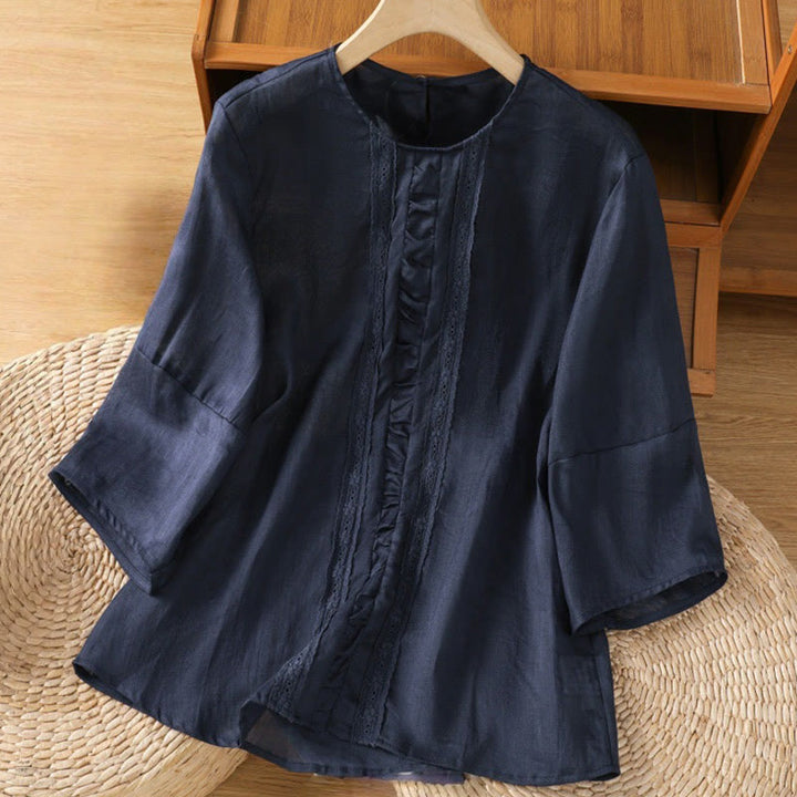 Camisa informal de algodón y lino con cuello redondo y manga tres cuartos para mujer, con estampado de Buddha Stones - Azul medianoche - US8-10，UK/AU12-14，EU40-42 (2XL) - image 0