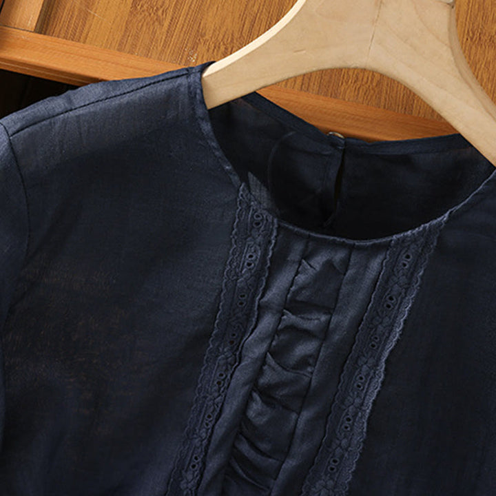 Camisa informal de algodón y lino con cuello redondo y manga tres cuartos para mujer, con estampado de Buddha Stones - image 4