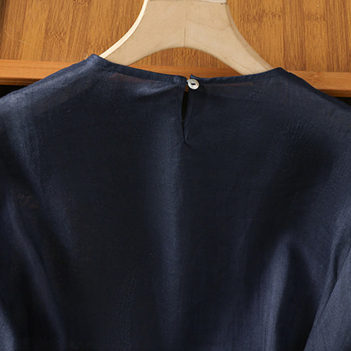 Camisa informal de algodón y lino con cuello redondo y manga tres cuartos para mujer, con estampado de Buddha Stones - image 2