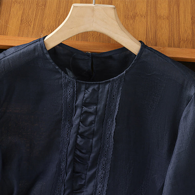 Camisa informal de algodón y lino con cuello redondo y manga tres cuartos para mujer, con estampado de Buddha Stones - image 3