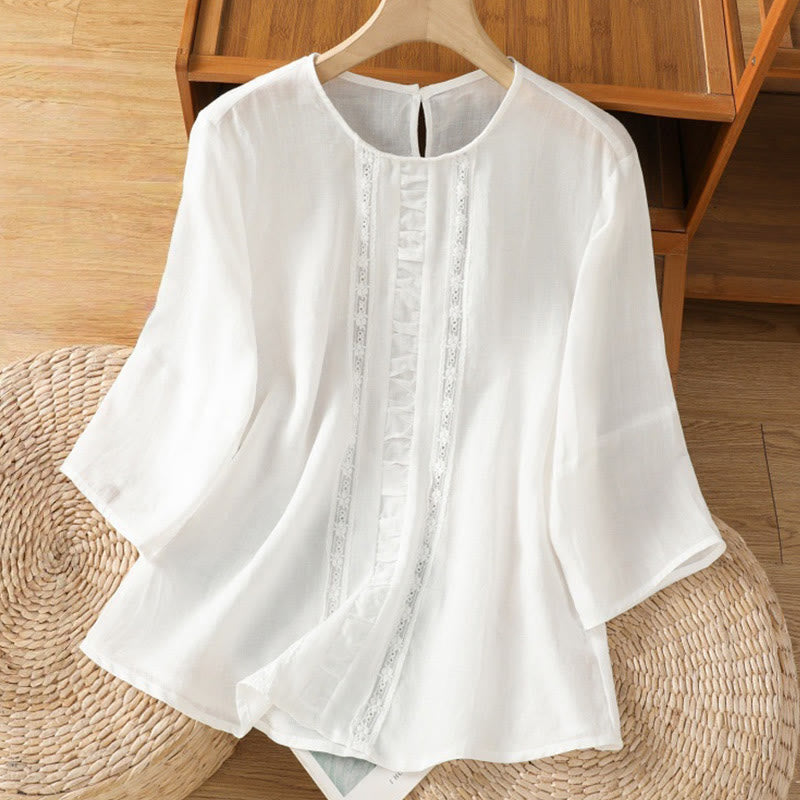 Camisa informal de algodón y lino con cuello redondo y manga tres cuartos para mujer, con estampado de Buddha Stones - Blanco - US8-10，UK/AU12-14，EU40-42 (2XL) - image 7