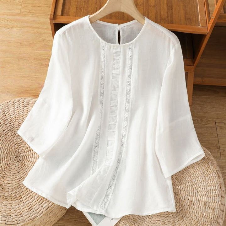 Camisa informal de algodón y lino con cuello redondo y manga tres cuartos para mujer, con estampado de Buddha Stones - Blanco - US8-10，UK/AU12-14，EU40-42 (2XL) - image 7