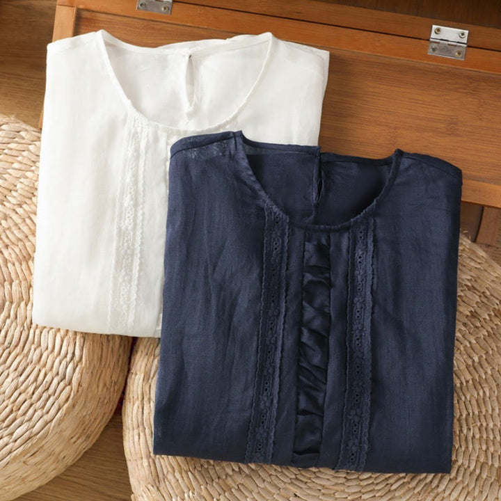 Camisa informal de algodón y lino con cuello redondo y manga tres cuartos para mujer, con estampado de Buddha Stones - image 18