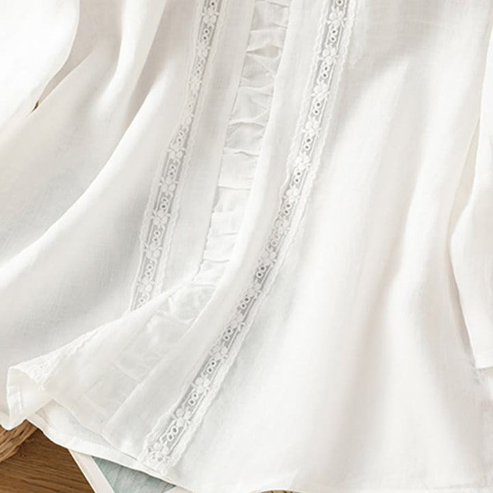 Camisa informal de algodón y lino con cuello redondo y manga tres cuartos para mujer, con estampado de Buddha Stones - image 9