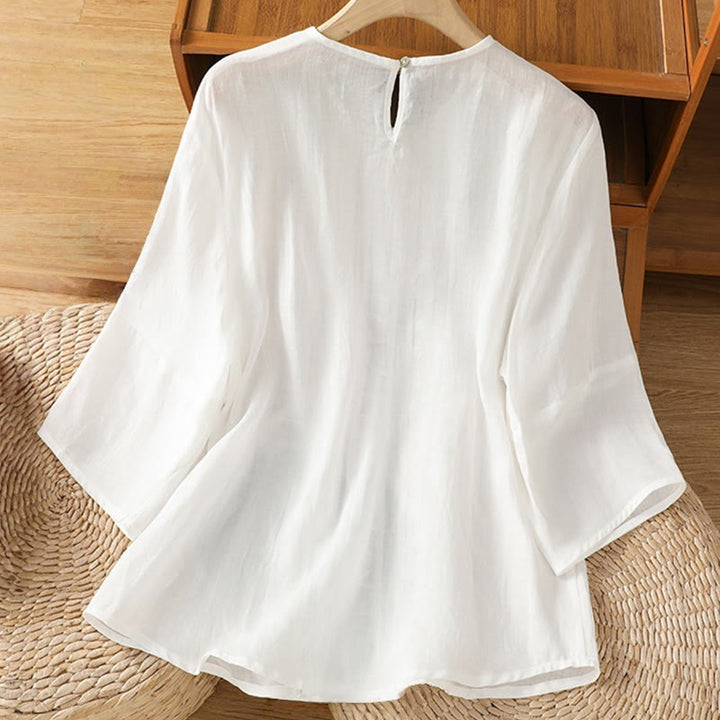 Camisa informal de algodón y lino con cuello redondo y manga tres cuartos para mujer, con estampado de Buddha Stones - image 8