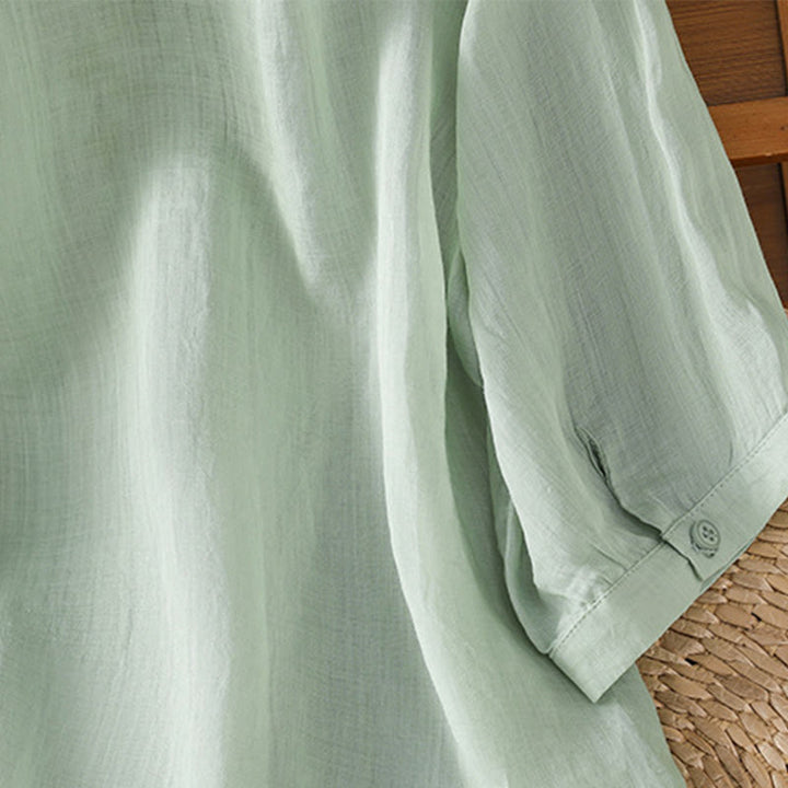 Camisa informal de algodón con bordado de plantas y cuello alto para mujer, de manga tres cuartos, de Buddha Stones - image 5