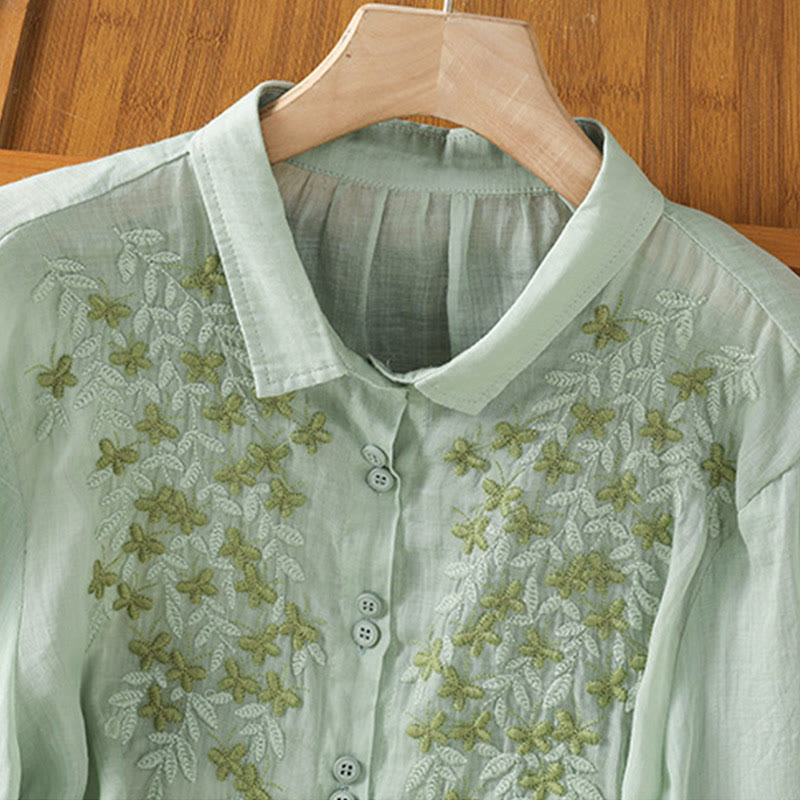 Camisa informal de algodón con bordado de plantas y cuello alto para mujer, de manga tres cuartos, de Buddha Stones - image 9