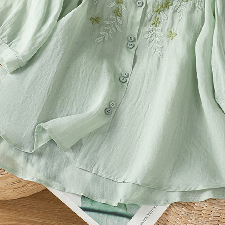 Camisa informal de algodón con bordado de plantas y cuello alto para mujer, de manga tres cuartos, de Buddha Stones - image 2
