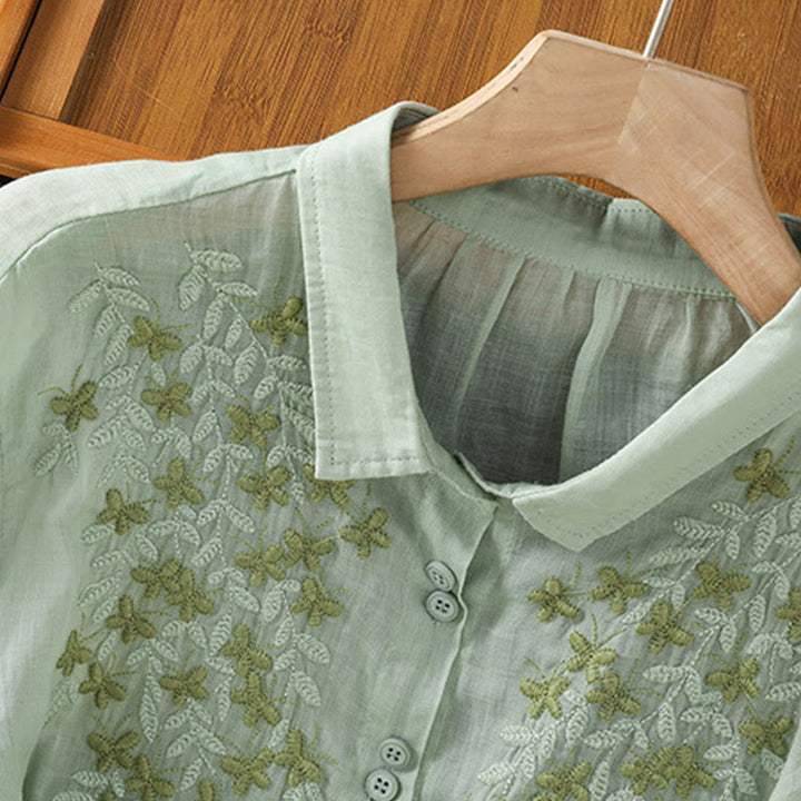 Camisa informal de algodón con bordado de plantas y cuello alto para mujer, de manga tres cuartos, de Buddha Stones - image 8