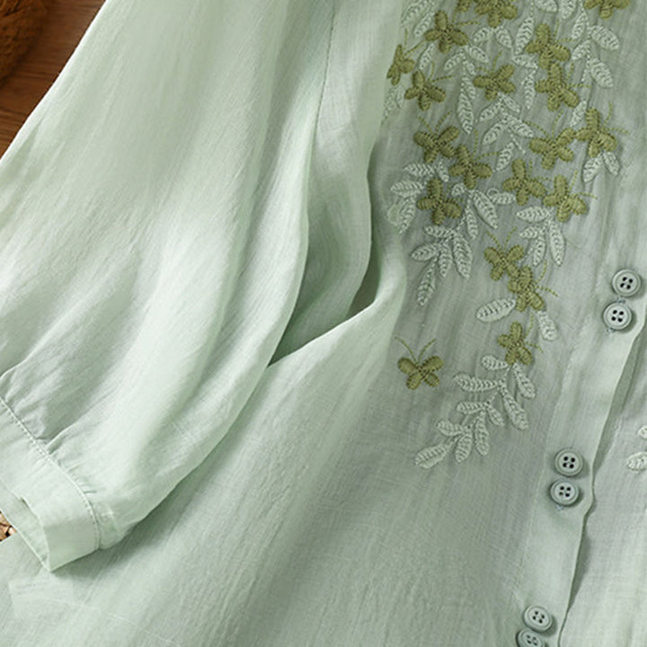 Camisa informal de algodón con bordado de plantas y cuello alto para mujer, de manga tres cuartos, de Buddha Stones - image 4