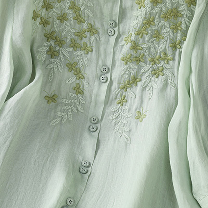 Camisa informal de algodón con bordado de plantas y cuello alto para mujer, de manga tres cuartos, de Buddha Stones - image 7