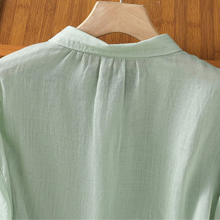 Camisa informal de algodón con bordado de plantas y cuello alto para mujer, de manga tres cuartos, de Buddha Stones - image 3