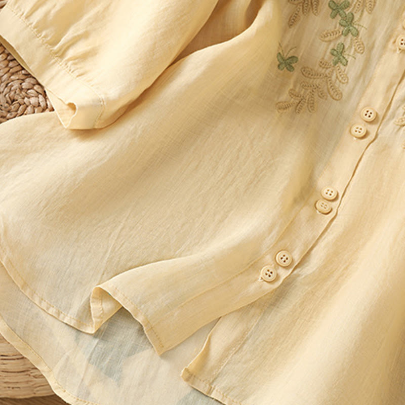 Camisa informal de algodón con bordado de plantas y cuello alto para mujer, de manga tres cuartos, de Buddha Stones - image 18