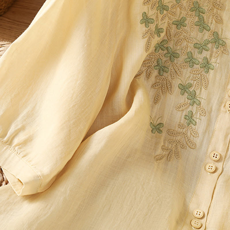 Camisa informal de algodón con bordado de plantas y cuello alto para mujer, de manga tres cuartos, de Buddha Stones - image 16