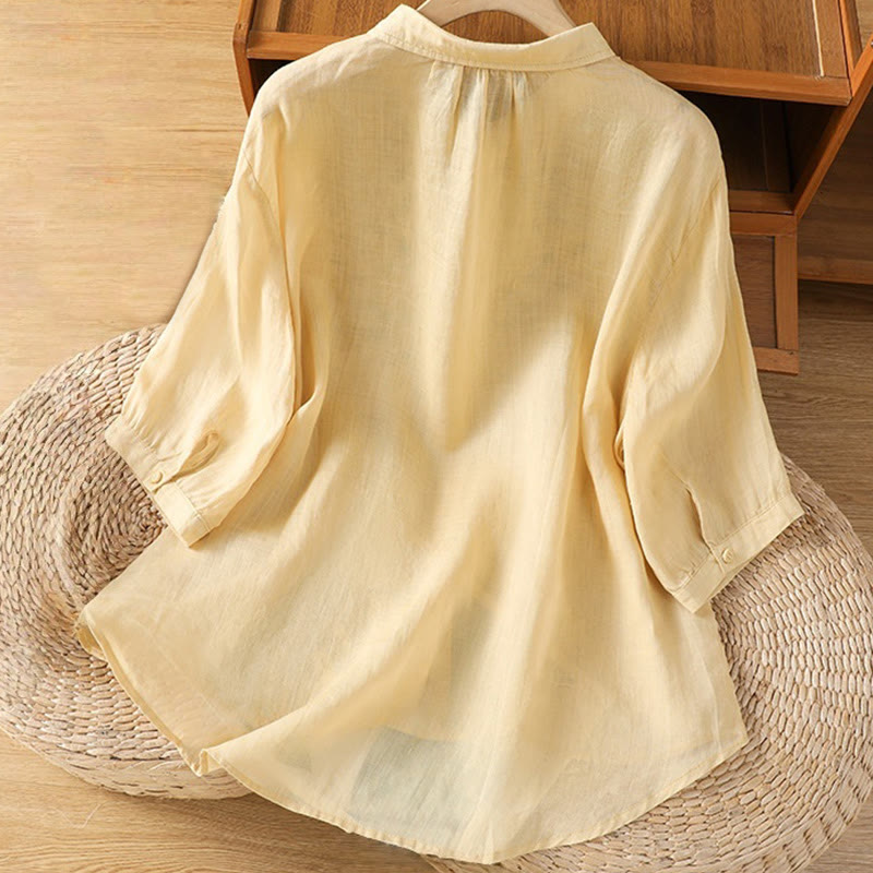 Camisa informal de algodón con bordado de plantas y cuello alto para mujer, de manga tres cuartos, de Buddha Stones - image 11