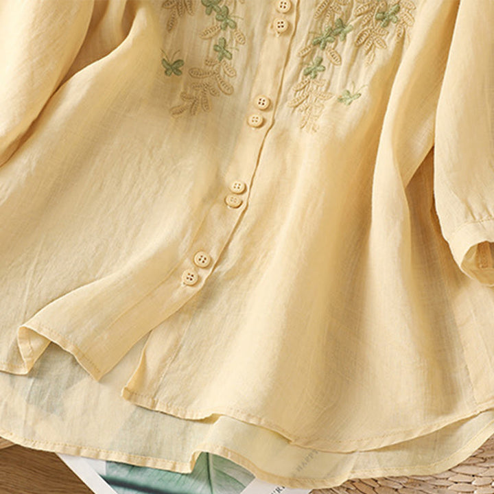 Camisa informal de algodón con bordado de plantas y cuello alto para mujer, de manga tres cuartos, de Buddha Stones - image 20