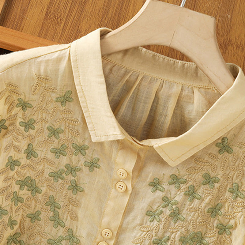 Camisa informal de algodón con bordado de plantas y cuello alto para mujer, de manga tres cuartos, de Buddha Stones - image 19