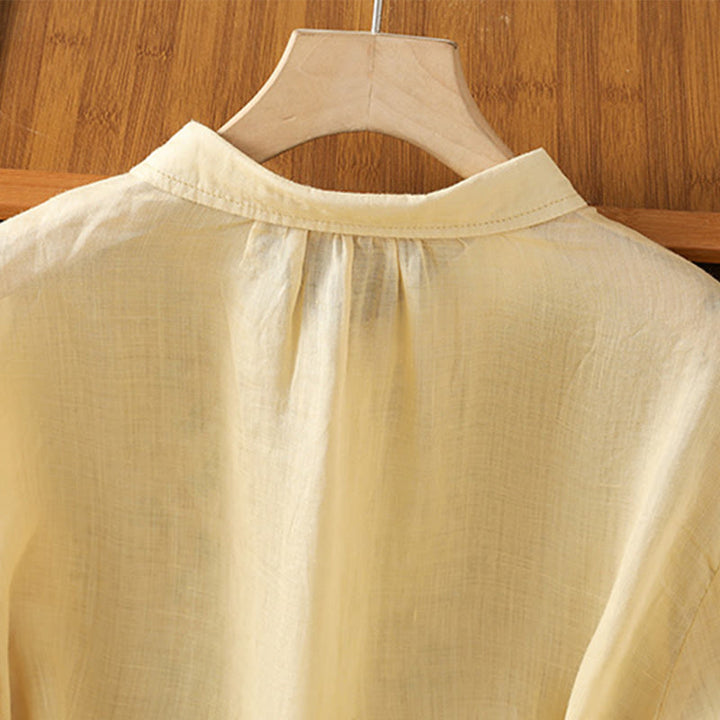 Camisa informal de algodón con bordado de plantas y cuello alto para mujer, de manga tres cuartos, de Buddha Stones - image 17