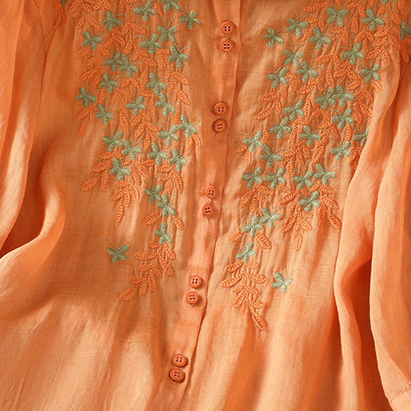 Camisa informal de algodón con bordado de plantas y cuello alto para mujer, de manga tres cuartos, de Buddha Stones - image 27