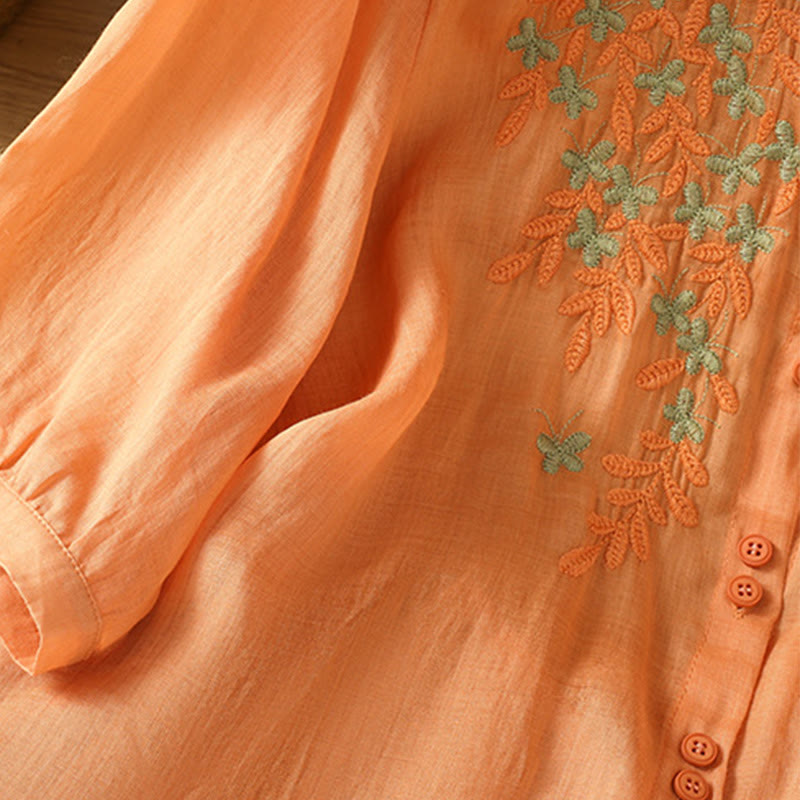 Camisa informal de algodón con bordado de plantas y cuello alto para mujer, de manga tres cuartos, de Buddha Stones - image 30