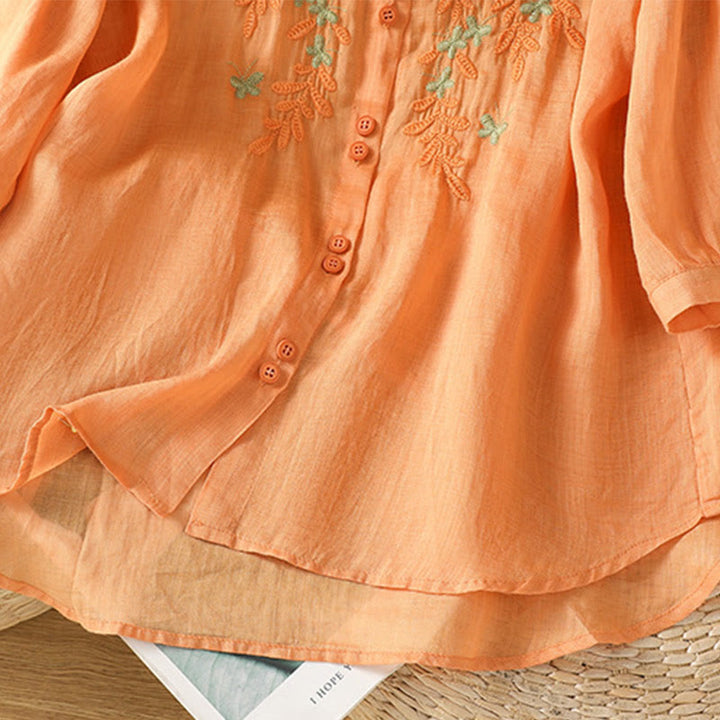 Camisa informal de algodón con bordado de plantas y cuello alto para mujer, de manga tres cuartos, de Buddha Stones - image 28