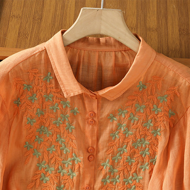 Camisa informal de algodón con bordado de plantas y cuello alto para mujer, de manga tres cuartos, de Buddha Stones - image 22