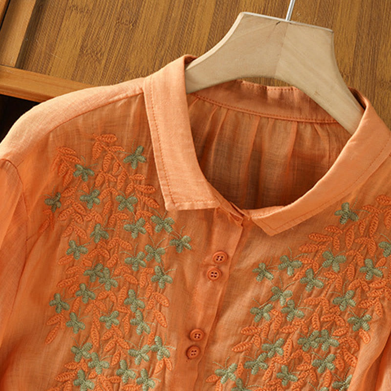 Camisa informal de algodón con bordado de plantas y cuello alto para mujer, de manga tres cuartos, de Buddha Stones - image 29