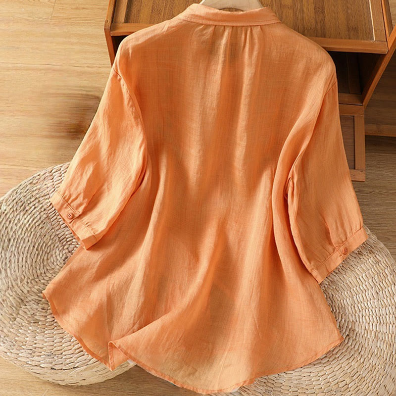 Camisa informal de algodón con bordado de plantas y cuello alto para mujer, de manga tres cuartos, de Buddha Stones - image 26