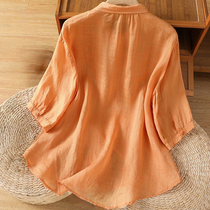 Camisa informal de algodón con bordado de plantas y cuello alto para mujer, de manga tres cuartos, de Buddha Stones - image 26