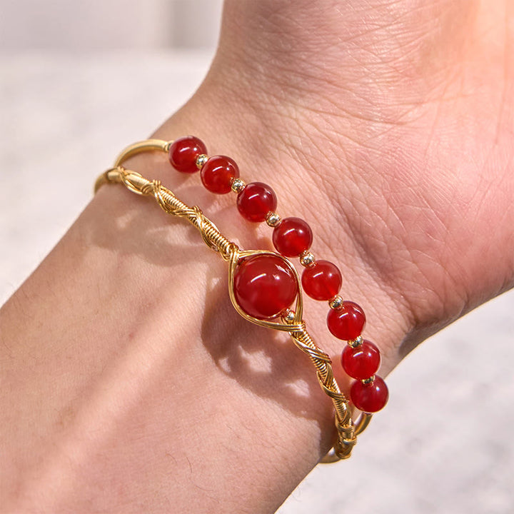 Brazalete de metal con Buddha Stones, relleno de oro de 14 quilates, cuentas de ágata roja natural y cobre, que da confianza. - image 5