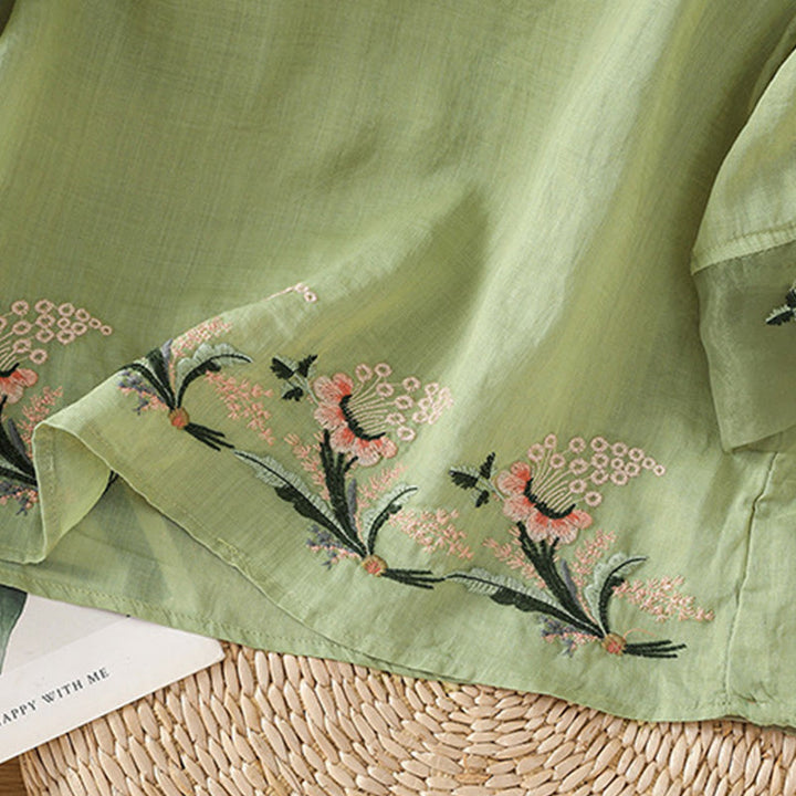 Camisa informal de poliéster con cuello redondo, manga corta y botones de rana para mujer con bordado floral de Buddha Stones - image 5