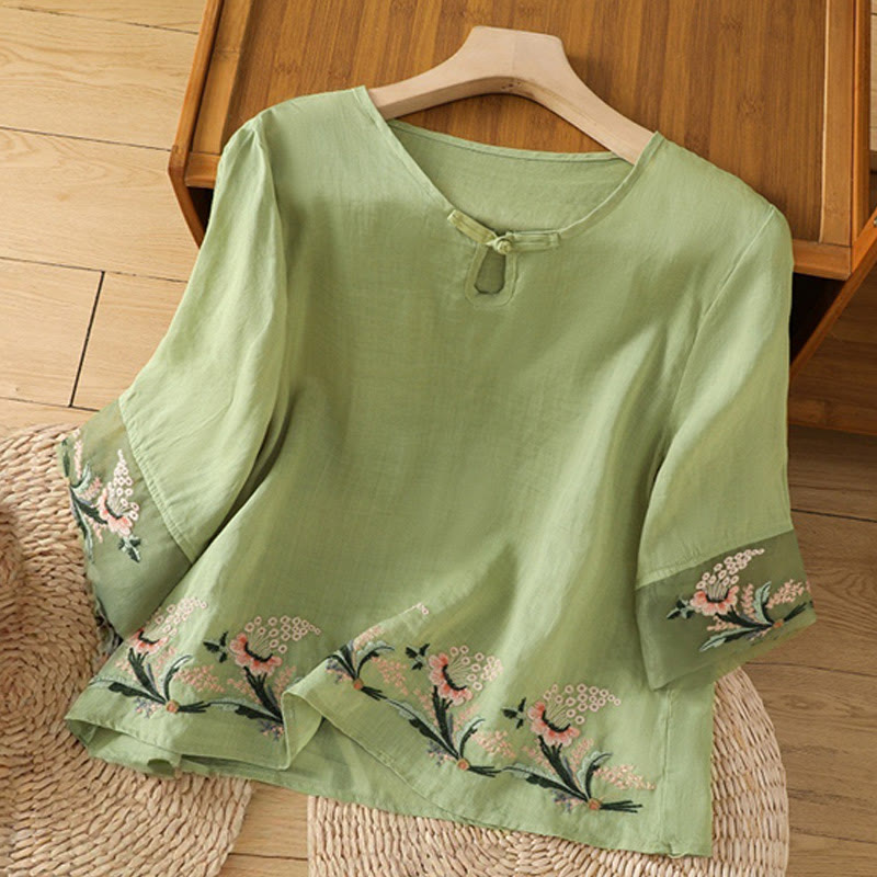 Camisa informal de poliéster con cuello redondo, manga corta y botones de rana para mujer con bordado floral de Buddha Stones - Verde amarillento - US8-10，UK/AU12-14，EU40-42 (2XL) - image 0