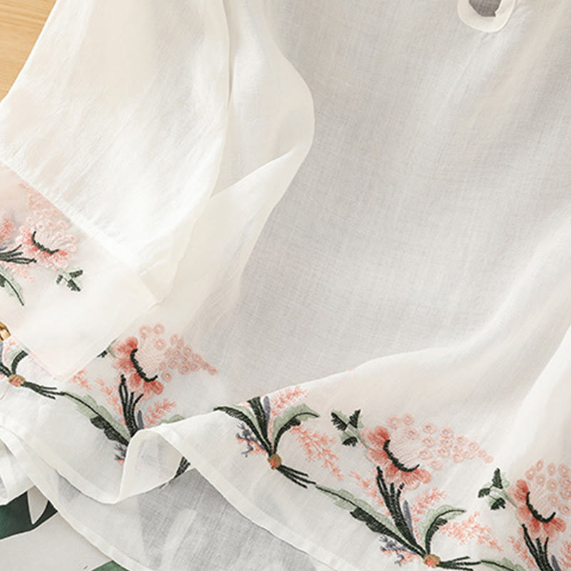 Camisa informal de poliéster con cuello redondo, manga corta y botones de rana para mujer con bordado floral de Buddha Stones - image 14