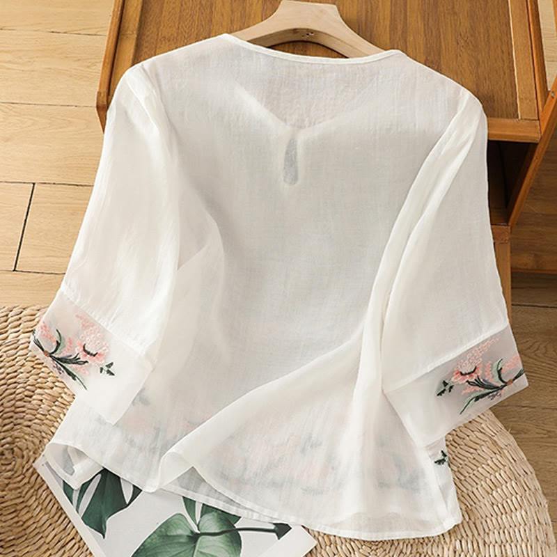 Camisa informal de poliéster con cuello redondo, manga corta y botones de rana para mujer con bordado floral de Buddha Stones - image 7