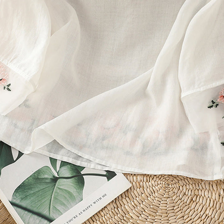 Camisa informal de poliéster con cuello redondo, manga corta y botones de rana para mujer con bordado floral de Buddha Stones - image 11