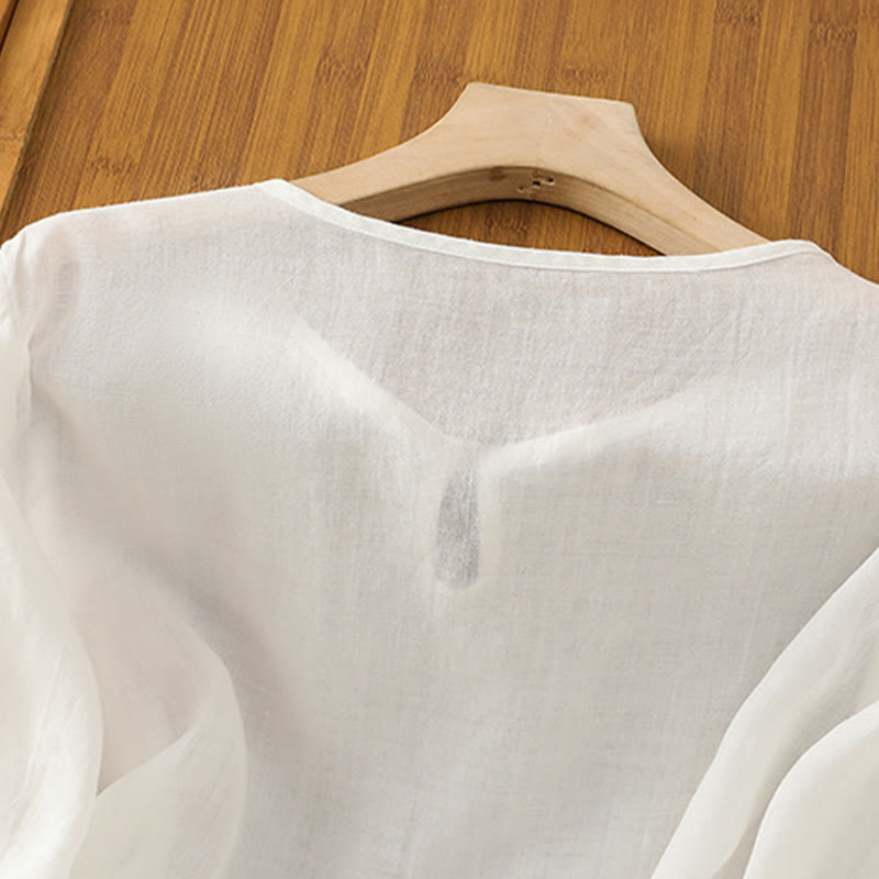 Camisa informal de poliéster con cuello redondo, manga corta y botones de rana para mujer con bordado floral de Buddha Stones - image 9