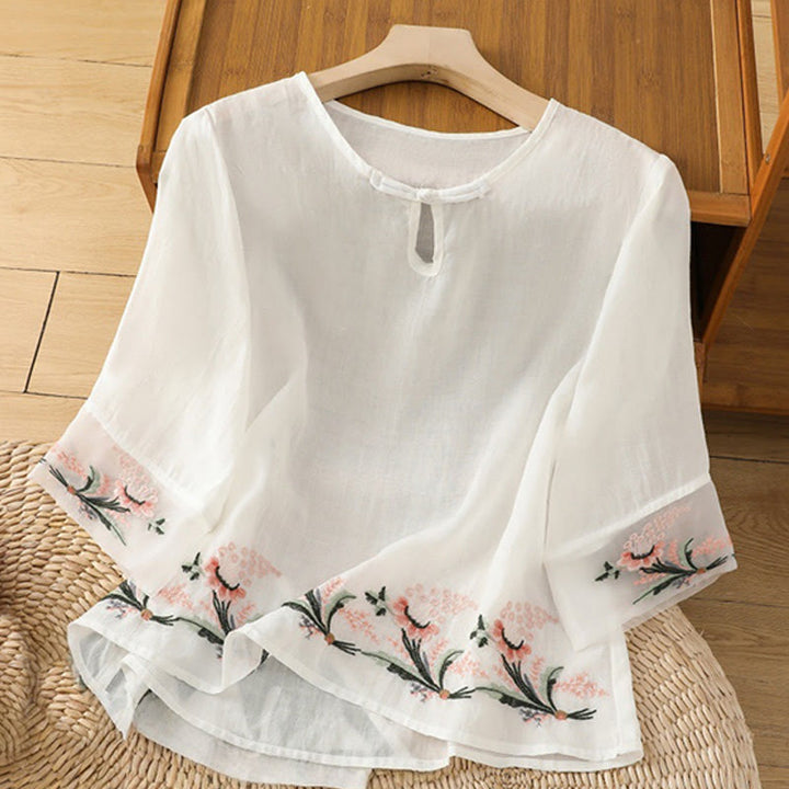 Camisa informal de poliéster con cuello redondo, manga corta y botones de rana para mujer con bordado floral de Buddha Stones - Blanco - US8-10，UK/AU12-14，EU40-42 (2XL) - image 6