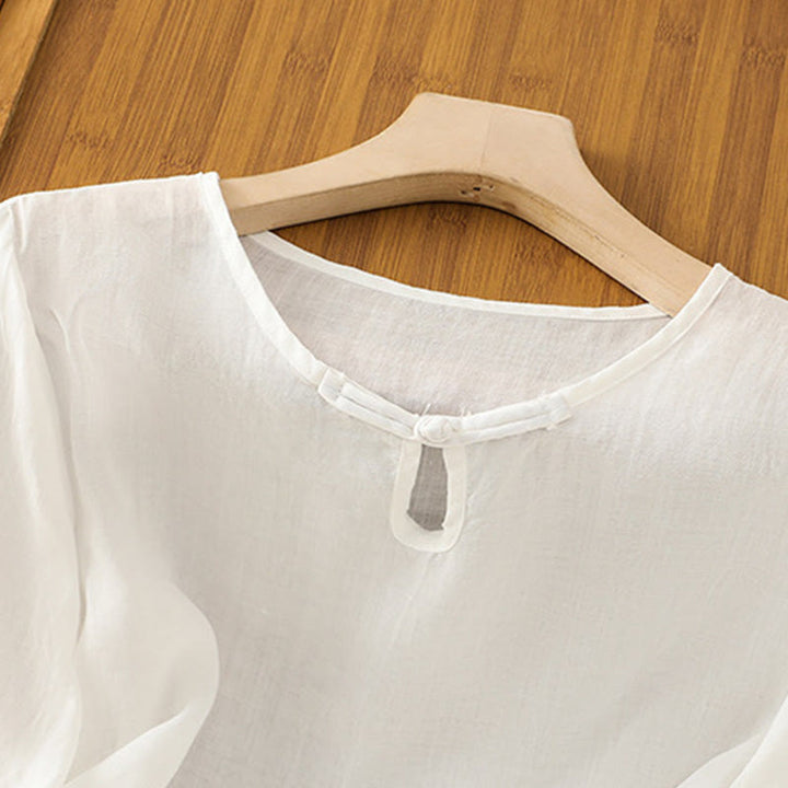 Camisa informal de poliéster con cuello redondo, manga corta y botones de rana para mujer con bordado floral de Buddha Stones - image 8